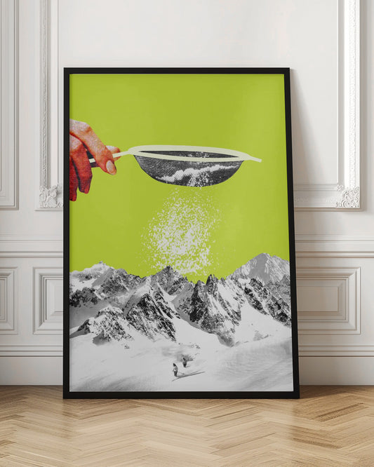 A surrealist pop art collage featuring a hand sifting snow from a sieve onto a black and white photograph of a snowy mountain range with skiers, all set against a vibrant lime green background. Artwork