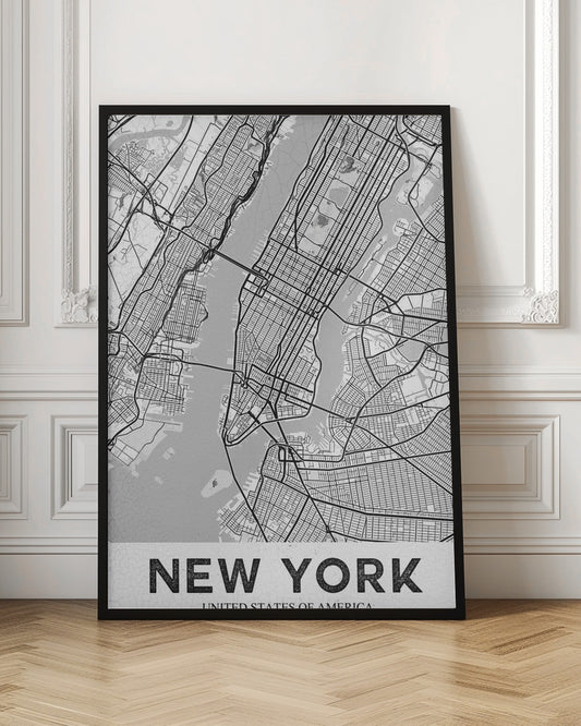 A modern, black and white map poster of New York City, featuring a detailed street grid of Manhattan and surrounding boroughs. The poster has a clean, minimalist design and is labeled 'NEW YORK' in bold capital letters at the bottom, all enclosed in a simple black frame. Poster
