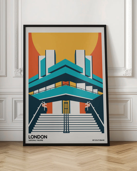 A stylized, graphic art travel poster of the National Theatre in London. The illustration uses a bold color palette of orange, yellow, and teal to depict the building's iconic Brutalist architecture against a large setting sun. Wide stairs lead up to the symmetrical facade. Text at the bottom reads 'LONDON NATIONAL THEATRE' and 'BFI SOUTHBANK'. Decor
