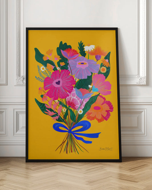 A vibrant, folk-art style illustration of a colorful bouquet of flowers against a solid yellow background. The flowers are in bright shades of pink, purple, and orange, tied together with a bold blue ribbon. The artwork is presented within a thin black frame. Wall Art