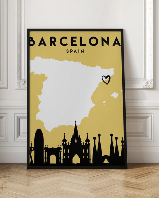 A vintage-style travel poster for Barcelona, Spain. The poster has a mustard yellow background, a white silhouette of the map of Spain with a heart marking Barcelona's location, and a black silhouette of the city's skyline at the bottom. The text 'BARCELONA' and 'SPAIN' is at the top in black font. Wall Art