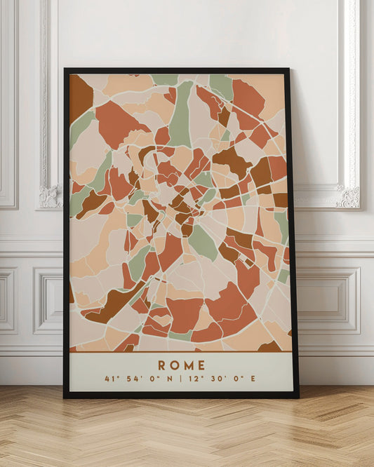 A framed, stylized map of Rome featuring an abstract mosaic of city blocks in earthy tones of terracotta, brown, sage green, and beige. At the bottom, centered, is the text 'ROME' and its coordinates '41° 54' 0" N | 12° 30' 0" E'. Decor