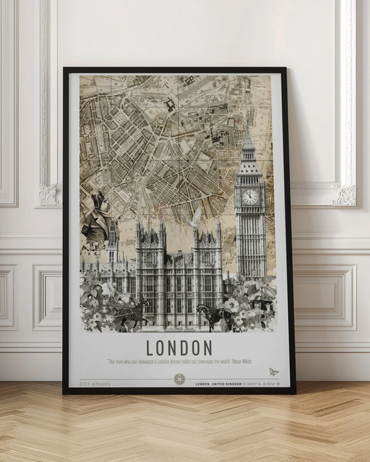 A vintage-style collage poster of London featuring an old sepia-toned map as the background. In the foreground are black and white illustrations of the Houses of Parliament and Big Ben, along with a man in historical dress, a dove, and horse-drawn carriages. The bottom reads 'LONDON' with a quote by Oscar Wilde. Poster
