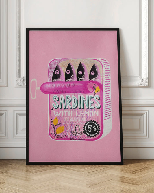 A pop art style illustration of an open can of sardines against a bright pink background. The can itself is pink with text that reads 'SARDINES WITH LEMON IN OLIVE OIL', and it contains four stylized fish. The artwork is presented in a simple black frame. Poster