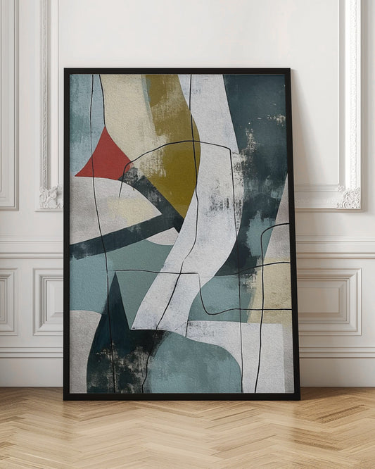 A vertical abstract painting in a black frame, featuring a composition of overlapping geometric and organic shapes in muted shades of teal, beige, olive green, and white. A small, vibrant red triangle adds a pop of color, and thin, meandering black lines are drawn over the entire canvas, giving it a collage-like feel. Artwork