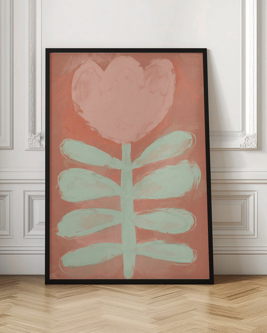 A stylized painting of a single flower with a large, heart-shaped pink blossom and a pale green stem with leaves, set against a textured coral background and framed in black. Poster