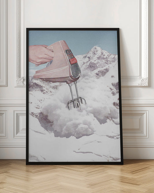 A surreal collage featuring a hand holding a vintage pink electric mixer, with its beaters plunged into a fluffy white cloud, set against a backdrop of snow-covered mountains. Poster
