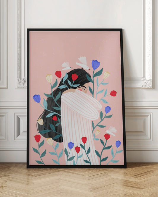 An illustration of a woman with long black hair hugging herself with closed eyes, surrounded by red, blue, and yellow flowers and small white birds against a soft pink background. Poster