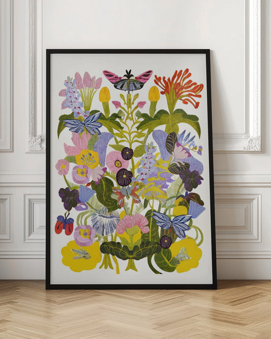 A vibrant, symmetrical collage-style artwork depicting a dense bouquet of colorful flowers and butterflies against a white background, enclosed in a black frame. The composition features a variety of stylized flowers in shades of pink, yellow, purple, and blue, with several blue and pink butterflies interspersed among the green foliage. Decor