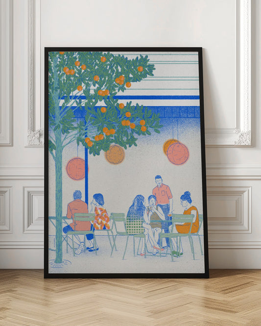 A stylized illustration of people relaxing at an outdoor cafe under a large orange tree. The scene is rendered in a limited color palette of blue, green, and orange, with a grainy texture. Several figures are seated at green chairs around tables, while round lanterns hang from the tree branches above. Wall Art