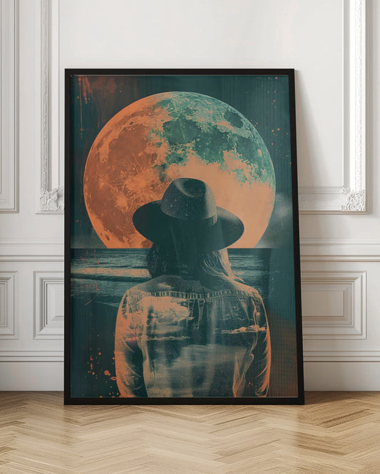A surreal piece of art depicting a woman from behind, wearing a black fedora and a denim jacket. She is looking out over a dark sea towards a giant, textured moon that is colored in orange and teal, hanging in a starry night sky. The image has a distressed, double-exposure style. Artwork