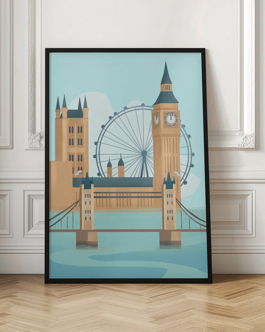 A stylized graphic illustration of the London cityscape, featuring famous landmarks like Tower Bridge, Big Ben, and the London Eye against a pale blue sky, rendered in a modern, flat style. Wall Art