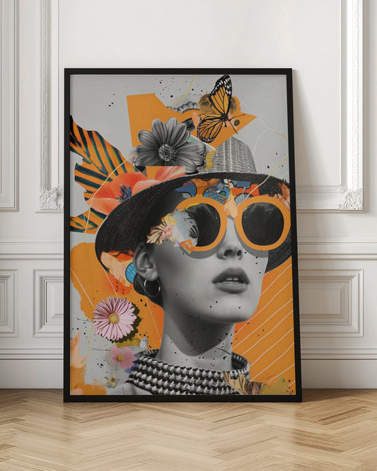 A modern collage featuring a black and white portrait of a woman wearing a black hat and oversized orange sunglasses. The image is layered with cutouts of flowers, a monarch butterfly, and abstract orange shapes against a light gray background with black paint splatters. Decor