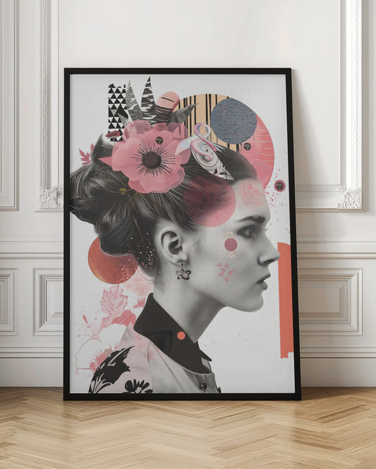 A modern collage artwork featuring a black and white profile portrait of a woman with an elegant updo. Her face and hair are adorned with colorful abstract shapes, including pink and orange circles, geometric patterns, and a large, semi-transparent pink flower. Artwork