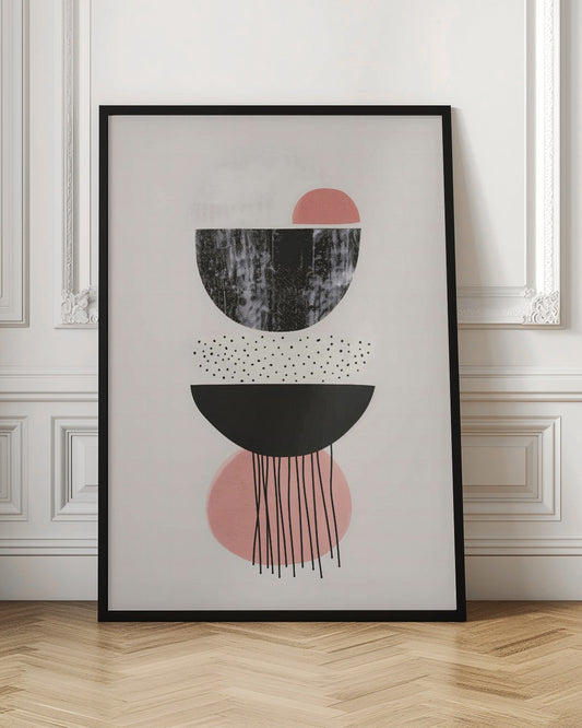 A framed modern abstract art piece with a vertical composition of stacked geometric shapes on a light cream background. The shapes include black and pink semi-circles, some with distressed or polka-dotted textures, and thin black lines dripping downwards from the bottom. Poster
