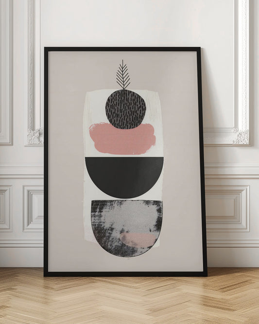 A modern abstract art piece with a vertical composition against a beige background. It features a stack of shapes: a textured black and grey semi-circle at the bottom, a solid black semi-circle, a splotch of muted pink paint, and a textured black circle at the top from which a simple black line drawing of a leaf emerges. The entire piece is in a black frame. Decor