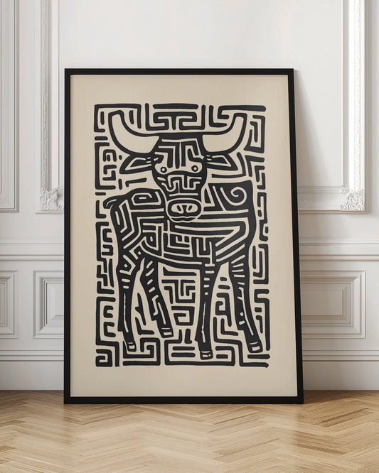 A stylized black and cream artwork of a bull, where the animal and its background are formed by a single, continuous maze-like or labyrinthine pattern of thick black lines on a cream-colored paper, enclosed in a thin black frame. Print