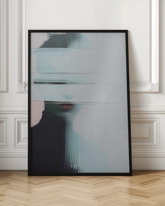 An abstract portrait of a person in a black turtleneck, their face is obscured by thick, horizontal and vertical strokes of pale blue-gray paint, leaving only their mouth visible. The artwork is presented in a simple black frame. Poster