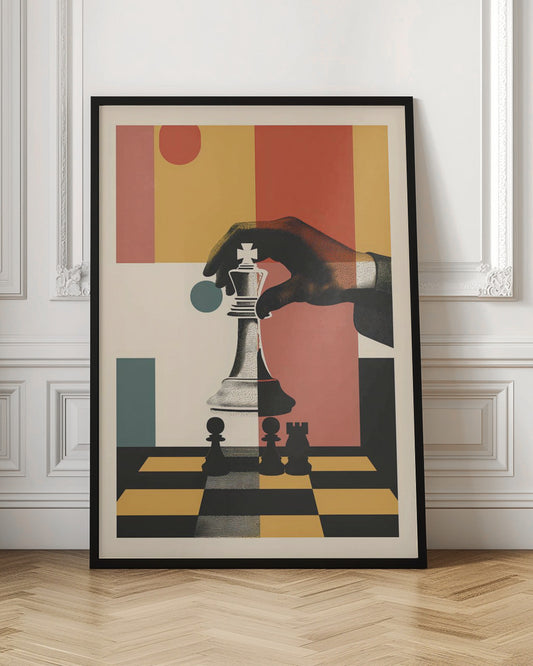 A modern graphic art poster of a hand moving a white king chess piece on a black and yellow chessboard. The background is a collage of abstract geometric shapes in red, orange, yellow, and teal. Decor