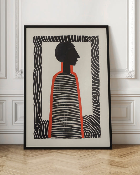 A modern graphic art print in a black frame, featuring a stylized silhouette of a person in profile. The figure has a black head and a striped black-and-white body, outlined in bold red. The background is off-white, and the central image is surrounded by a thick, patterned black-and-white border. Artwork