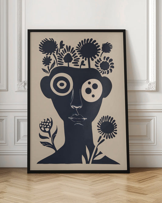 A two-tone abstract portrait of a person's head and shoulders in dark navy blue against a cream background. Stylized flowers and trees grow from the top of the head like hair. The eyes are large and graphic, one a target-like pattern and the other with multiple dots. The piece has a modern, minimalist, and surreal feel. Poster