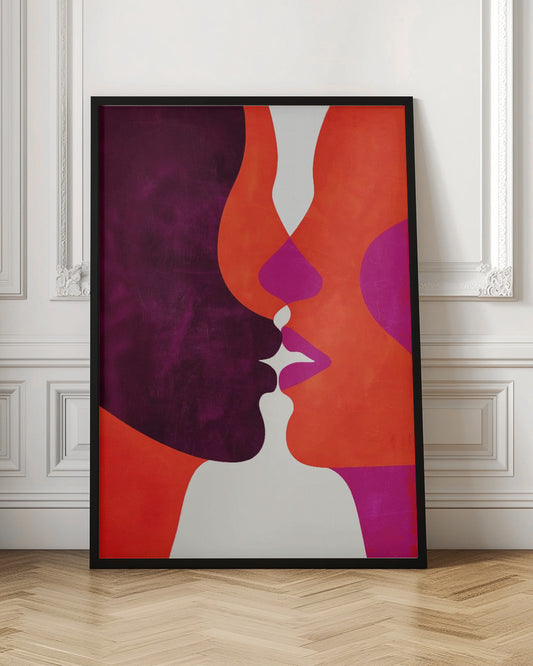 An abstract modern art piece depicting a close-up of two profiles about to kiss. The figures are composed of bold, interlocking shapes in deep purple, vibrant orange, and magenta, with white creating negative space between their lips and bodies. The artwork has a textured finish and is enclosed in a simple black frame. Wall Art