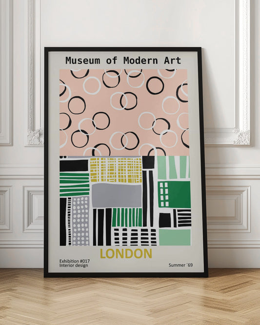 A retro-style exhibition poster for the Museum of Modern Art in London. The top half features scattered black and white circles on a pale pink background. The bottom half is an abstract geometric collage of shapes and patterns in green, yellow, black, and grey. Text at the bottom reads 'Exhibition #017 Interior design', 'LONDON', and 'Summer '69'. Print