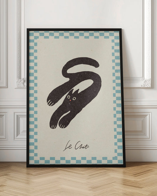 A vintage-style art print of a stylized black cat with an elongated, curving body. The cat has wide eyes and is set against a cream background with a blue and cream checkered border. Below the cat, the words 'Le Chat' are written in cursive script. The artwork is presented in a simple black frame. Print