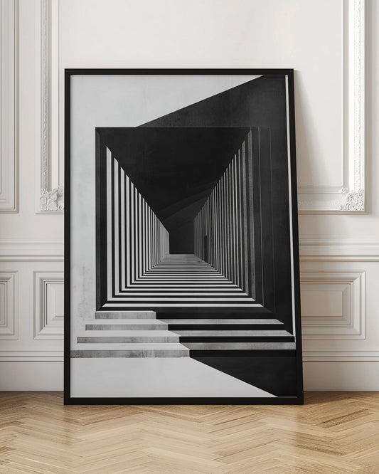 A stark black and white architectural illustration of a seemingly infinite corridor. Strong perspective lines are created by alternating black and white stripes on the walls and floor, creating a powerful optical illusion. Concrete steps lead into the scene from the foreground, and a faint, solitary figure stands in the distant shadows. Wall Art