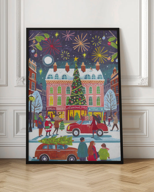 A whimsical illustration of a bustling city street at night during winter. The scene is festive, with a large decorated Christmas tree in front of a pink department store, fireworks lighting up the dark sky, and snow-covered streets filled with people, cars, Santa Claus, and a reindeer. Print