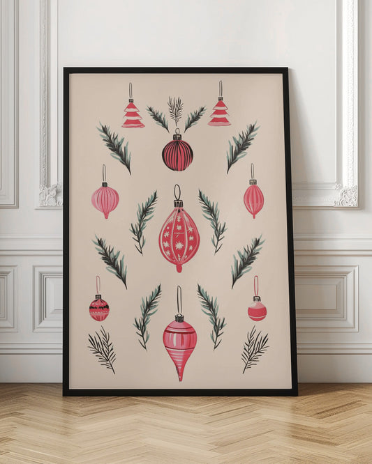 A framed art print featuring a symmetrical pattern of hand-painted red and pink Christmas ornaments and dark green pine sprigs against a cream-colored background. Poster