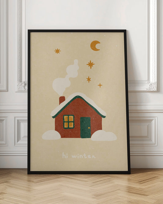 A cozy, stylized illustration of a red house with a green, snow-covered roof. White smoke curls from the chimney into a beige night sky with a yellow crescent moon and stars. Below the house, the words 'hi winter' are written in a simple, friendly font. Poster
