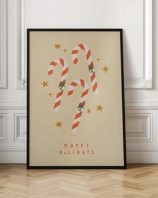 A vintage-style holiday illustration featuring three red and white striped candy canes with small bows, set against a speckled beige background with golden stars. Below the candy canes, the text 'HAPPY HOLIDAYS' is written in a simple red font. Poster