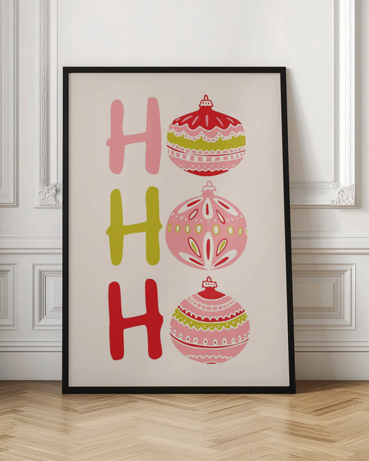 A modern illustrated Christmas poster with 'Ho Ho Ho' written vertically. The letters 'H' are shown in pink, green, and red, and the 'o's are replaced with intricately patterned Christmas ball ornaments in the same color palette on a cream background. Decor