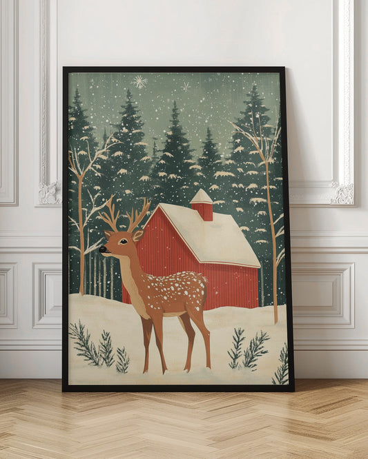 A stylized illustration of a serene winter scene featuring a spotted deer with antlers standing in the snow. In the background, a classic red barn with a snow-covered roof is nestled among a dense forest of dark green pine trees as snowflakes fall from a pale green sky. Poster