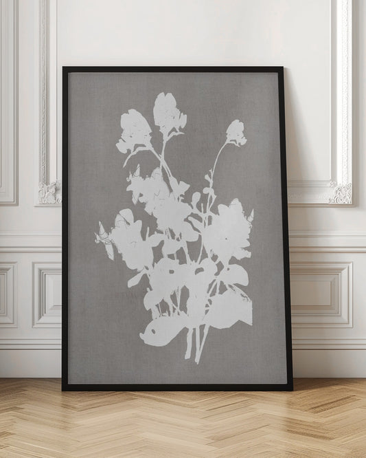 A minimalist piece of framed wall art featuring a stark white silhouette of a bouquet of flowers against a textured, solid gray background, enclosed in a thin black frame. Print