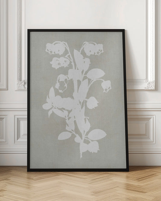 A minimalist botanical artwork in a black frame, showing a white silhouette of a Lily of the Valley stalk against a muted, textured grey-beige background. Wall Art