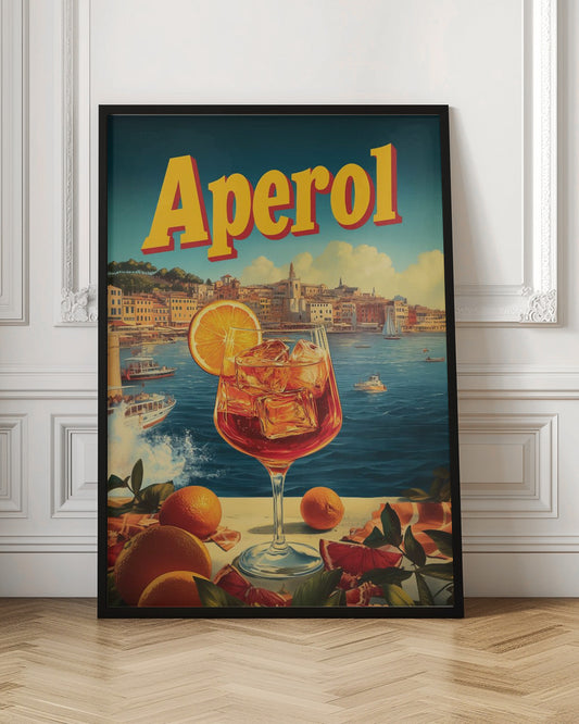 A vintage-style poster advertising Aperol, featuring a close-up of a vibrant orange Aperol Spritz cocktail in a large wine glass, garnished with an orange slice. In the background, a picturesque Italian coastal town sits by a deep blue sea with boats, under a sunny sky with fluffy clouds. The word 'Aperol' is written in large, bold yellow letters at the top. Print