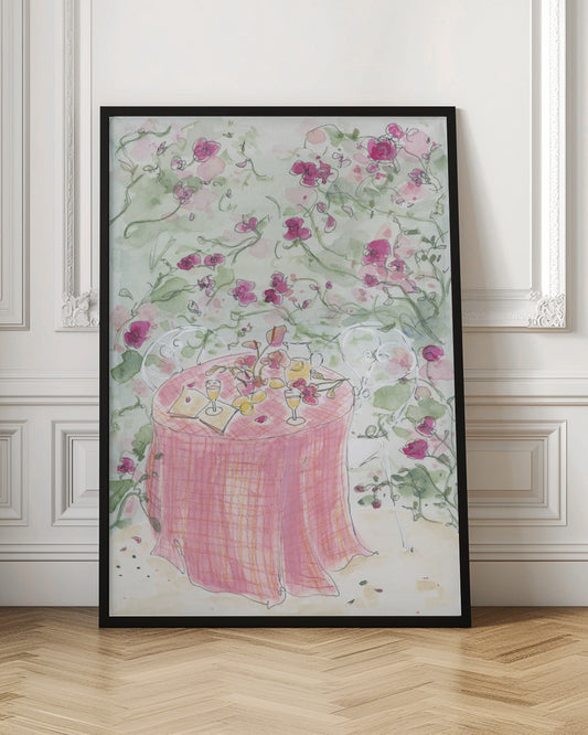 A whimsical watercolor illustration of a romantic garden scene. A table for two is set with a pink plaid tablecloth, glasses of wine, and scattered flowers, surrounded by white chairs and a backdrop of climbing pink roses. Poster