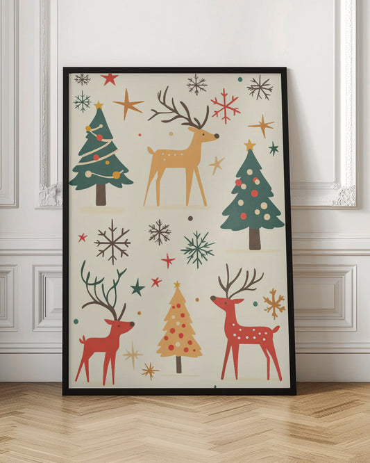 A retro-style holiday illustration featuring stylized red and tan reindeer, green and yellow Christmas trees, and various colorful snowflakes and stars scattered across a cream background. Artwork