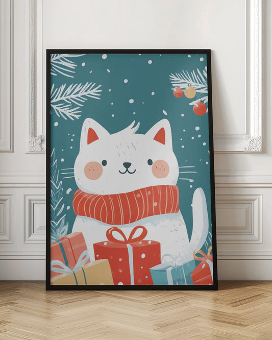 A cute cartoon illustration of a white cat with rosy cheeks wearing a cozy red scarf. The cat is surrounded by colorful wrapped Christmas gifts against a teal blue background with falling snow and white pine branches. Print