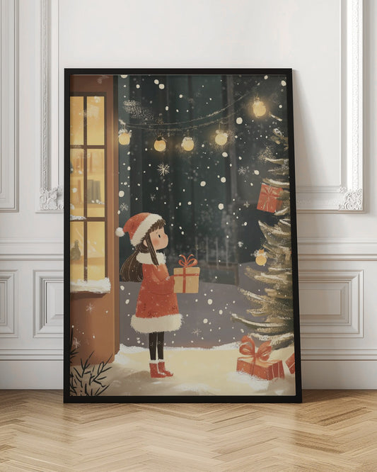 An illustration of a young girl in a red Santa coat and hat holding a gift, standing in the snow at night. She looks at a Christmas tree while snow falls around her, illuminated by string lights and the warm glow from a nearby window. Artwork