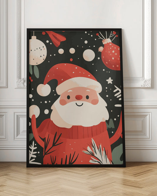 A charming, cartoon-style illustration of a smiling Santa Claus in a red sweater and hat, set against a dark, snowy background with festive ornaments and foliage. Decor