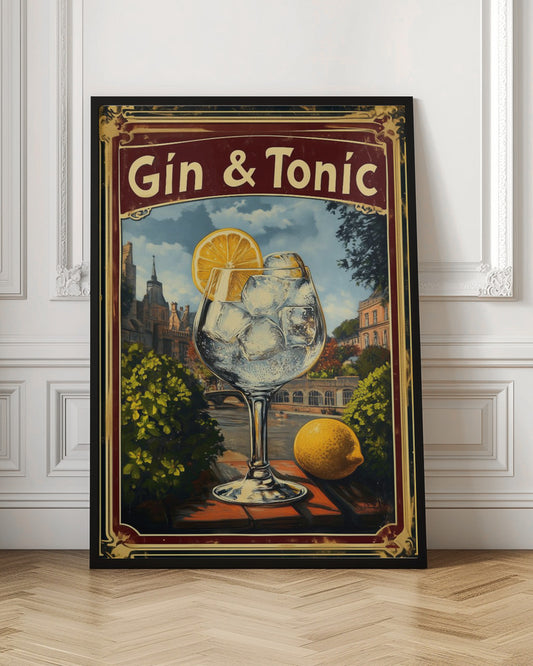 A vintage-style advertisement poster for 'Gin & Tonic'. In the foreground, a large balloon glass filled with ice and a lemon slice sits on a brick ledge overlooking a European cityscape with a river. A whole lemon rests beside the glass. The poster has a decorative red and gold border. Decor