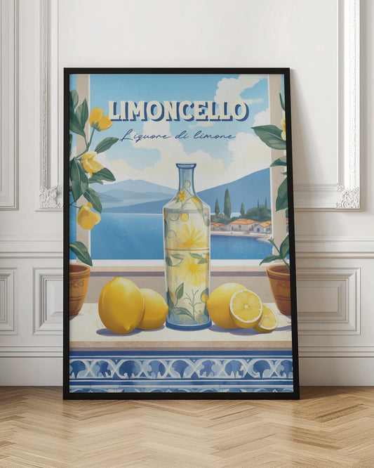 A vintage-style art print advertising Limoncello. A decorative bottle and fresh lemons sit on a tiled ledge overlooking a scenic Italian coastal village and blue sea, framed by lemon branches. Artwork