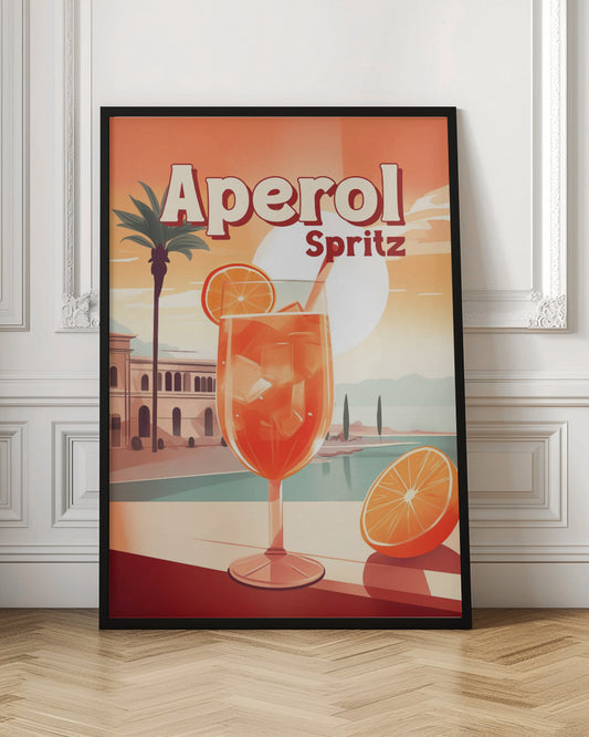 A vintage-style travel poster advertising Aperol Spritz. A large, inviting glass of the bright orange cocktail filled with ice and garnished with an orange slice sits in the foreground. The background features a sunny, idyllic Mediterranean scene with a palm tree, classic buildings, and a serene body of water under a large, pale sun. Wall Art