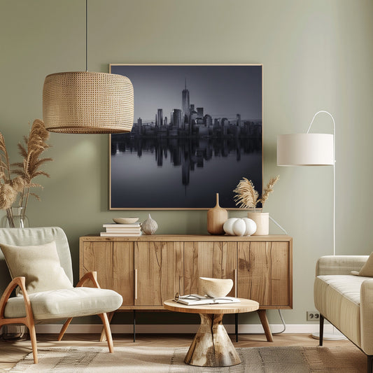 A framed, moody black and white photograph of the Lower Manhattan skyline, featuring the One World Trade Center, with a perfect, still reflection of the skyscrapers in the water below. Decor