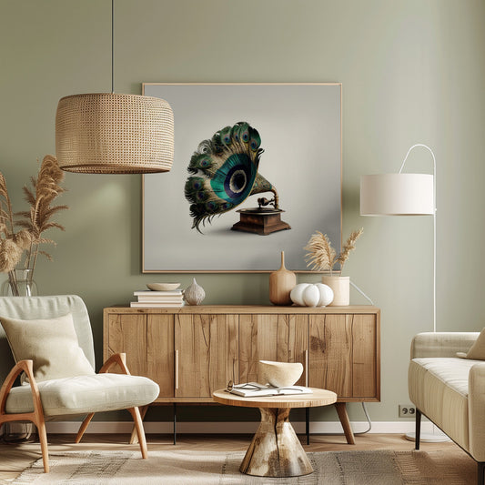 A surrealist artwork of a vintage gramophone where the horn is replaced by a large, fanned-out array of vibrant peacock feathers, complete with their iconic green and blue eye spots. The gramophone has a dark wood base and is set against a plain, off-white background, all within a light-colored wooden frame. Artwork