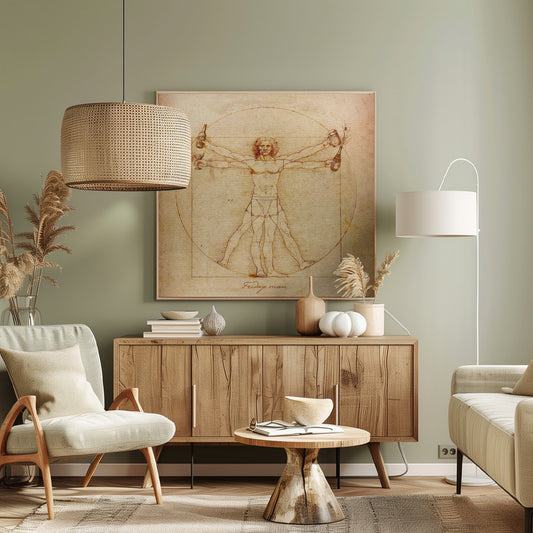 A humorous parody of Leonardo da Vinci's Vitruvian Man, drawn in a sepia-toned, vintage style. The figure, labeled 'Friday man', is depicted with four arms holding a beer bottle, a cocktail glass, a beer mug, and a champagne bottle, all within the classic circle and square. The image is presented in a light wood frame. Poster