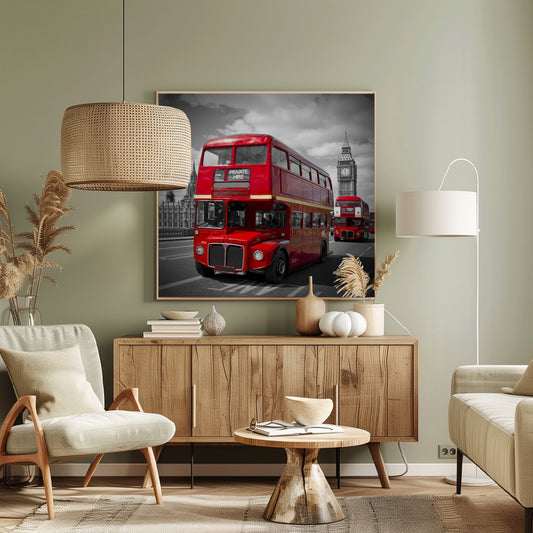 A framed, selective color photograph of a bright red, vintage double-decker bus on a bridge in London. The background, including the Big Ben clock tower, is in black and white, making the red bus stand out. Artwork